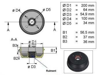 Tambur pentru ALKO 2051, 4x100, rulment 34mm 2