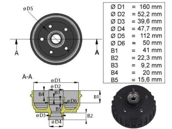 Tambur pentru ALKO 1635, 5x112, rulmenti conici 2