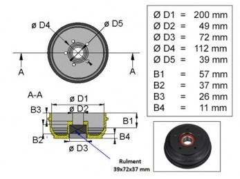 Tambur pentru BPW S2005-7, rulment 39mm 2