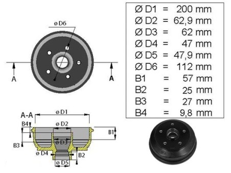 Tambur pentru BPW/Peitz 200x50mm rulmenti conici